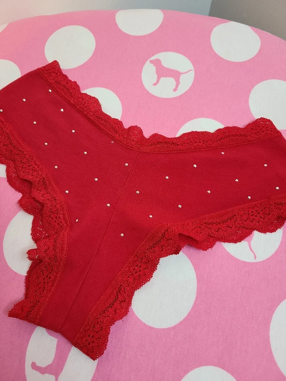 VTG VS PINK Studded Cotton Lace Trim XLR Cheekiest Hipster Panty Size Sm Red
